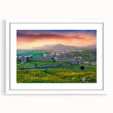 Textured art depicting abstract European scenery in muted earth tones on a white framed print, ideal for bedroom wall decor.