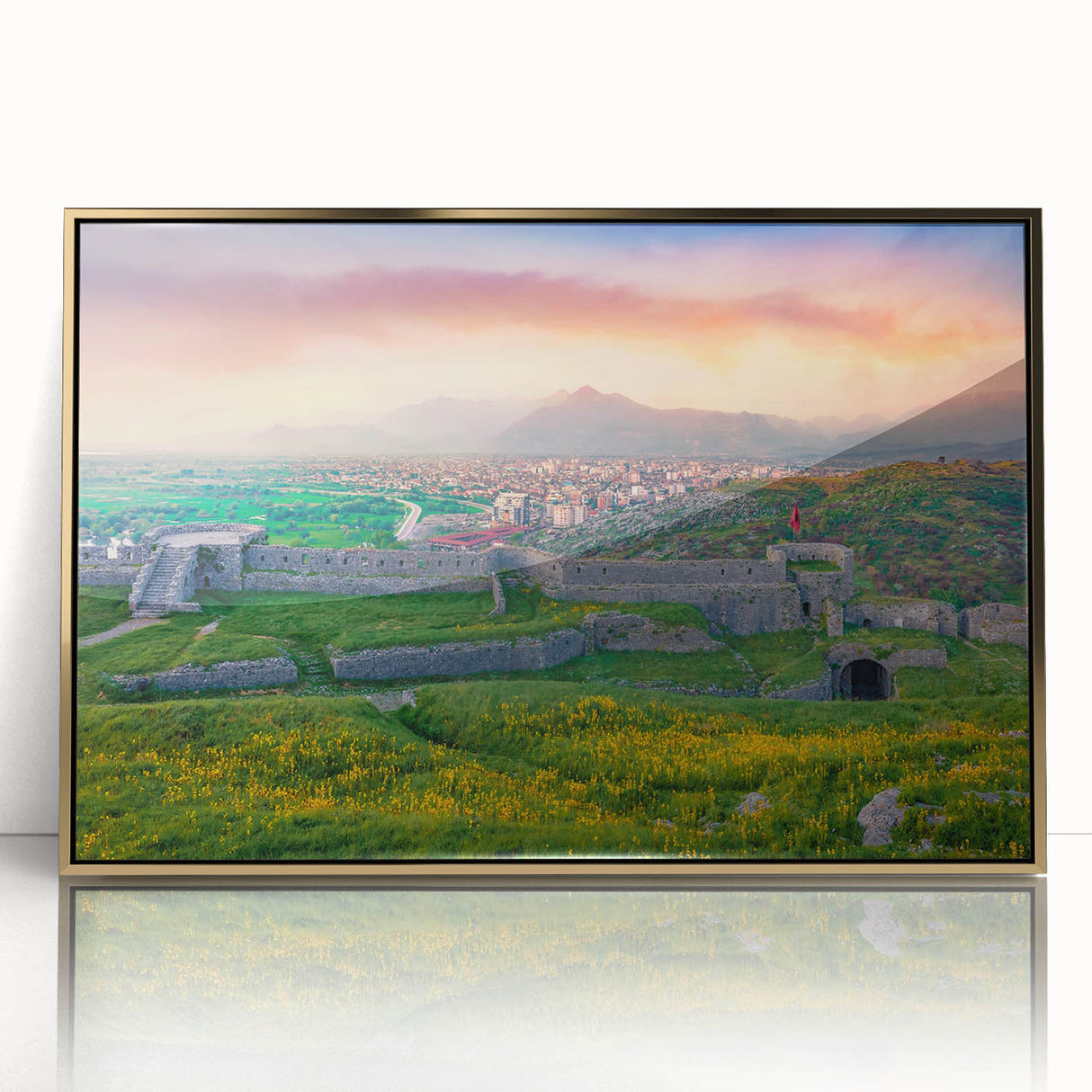 Art deco poster of an Albanian landscape in muted gold and green tones on framed acrylic, suitable for modern art wall decor.