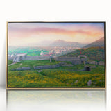 Art deco poster of an Albanian landscape in muted gold and green tones on framed acrylic, suitable for modern art wall decor.