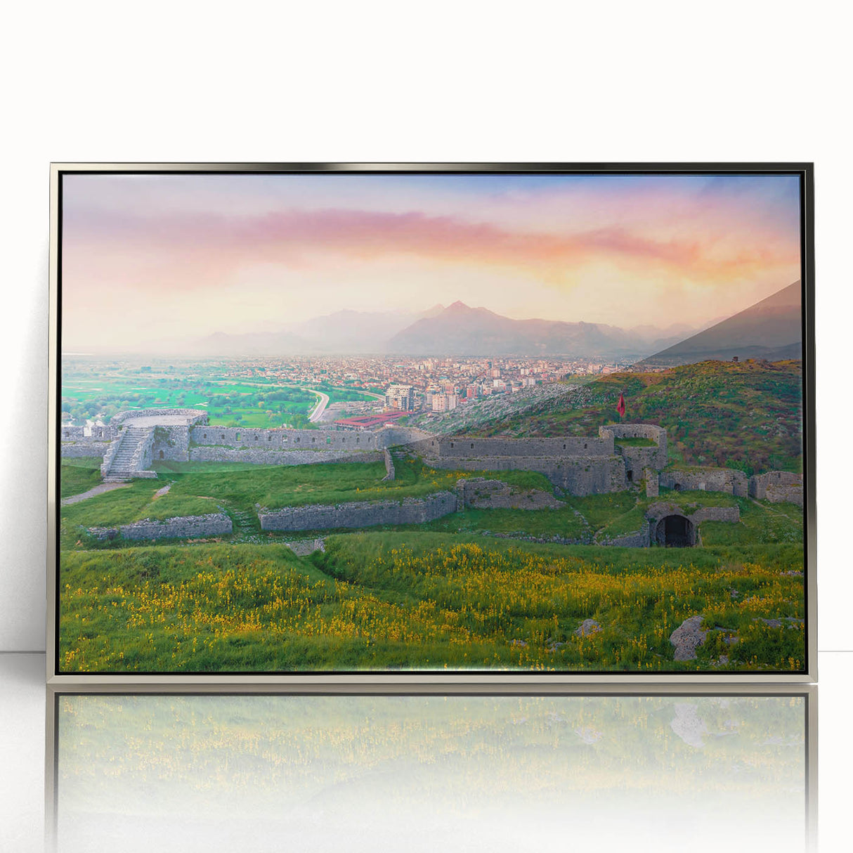 Mid-century modernist art depicting a European Albanian scenery in muted earth tones on a framed acrylic print.