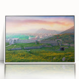 Large art print of a serene Albanian landscape in muted earth tones on a framed acrylic, suitable for modern art wall decor.