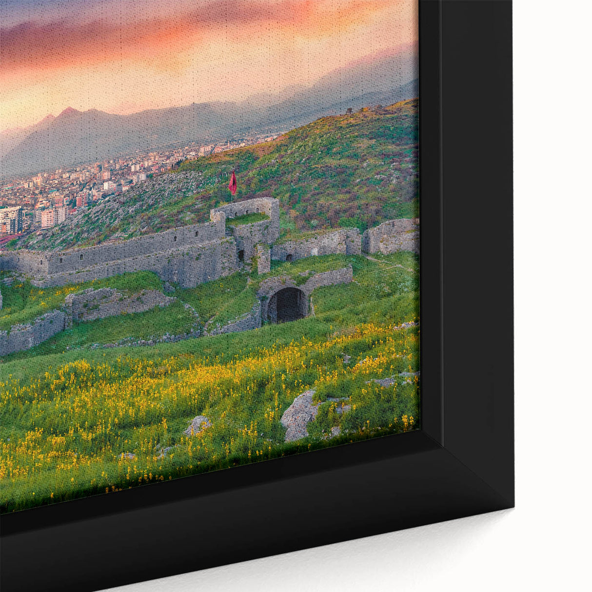 Extra large black wall art featuring a textured, colorful European scenery on framed canvas, suitable for living room decor.