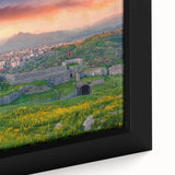 Extra large black wall art featuring a textured, colorful European scenery on framed canvas, suitable for living room decor.