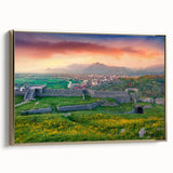 Vintage poster art of a scenic Albanian landscape on framed canvas, featuring vibrant colors and gold accents.