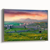 Framed canvas of a vintage-style Albanian landscape in muted earth tones, ideal for bedroom wall art.