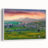Framed canvas landscape art painting depicting a colorful Albanian scenery in a vintage poster style.