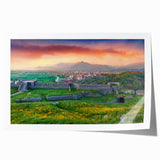 Extra large rolled print of a European Albanian scenery with vivid floral elements.