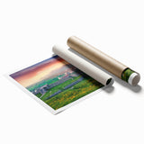 Extra large rolled print of a serene Albanian landscape with vibrant green fields and distant mountains.