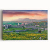 Black and white photograph of a scenic Albanian landscape on stretched canvas, ideal for kitchen wall art.