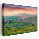 Large canvas print featuring a serene Albanian landscape in muted earth tones, suitable for kitchen wall art.