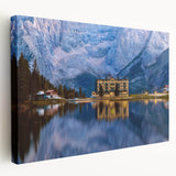 Large canvas depicting a serene Austrian landscape in muted green and blue tones, suitable for kitchen wall art.