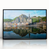 Large abstract wall art depicting a European scenery in black and white tones on a framed acrylic.