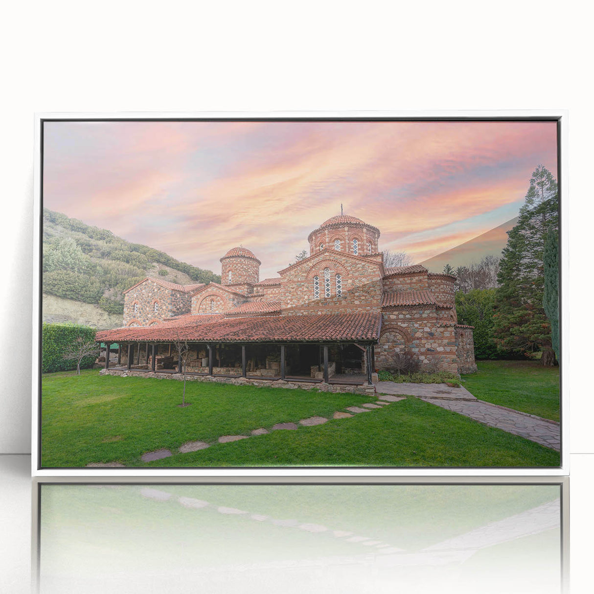 Mid-century modernist art depicting a serene Bulgarian landscape in muted earth tones on a framed acrylic.