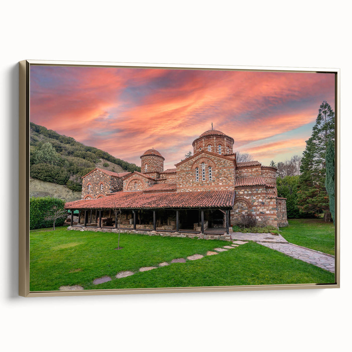 Framed canvas depicting a vintage Bulgarian landscape in muted gold and black tones, ideal for bedroom wall art.
