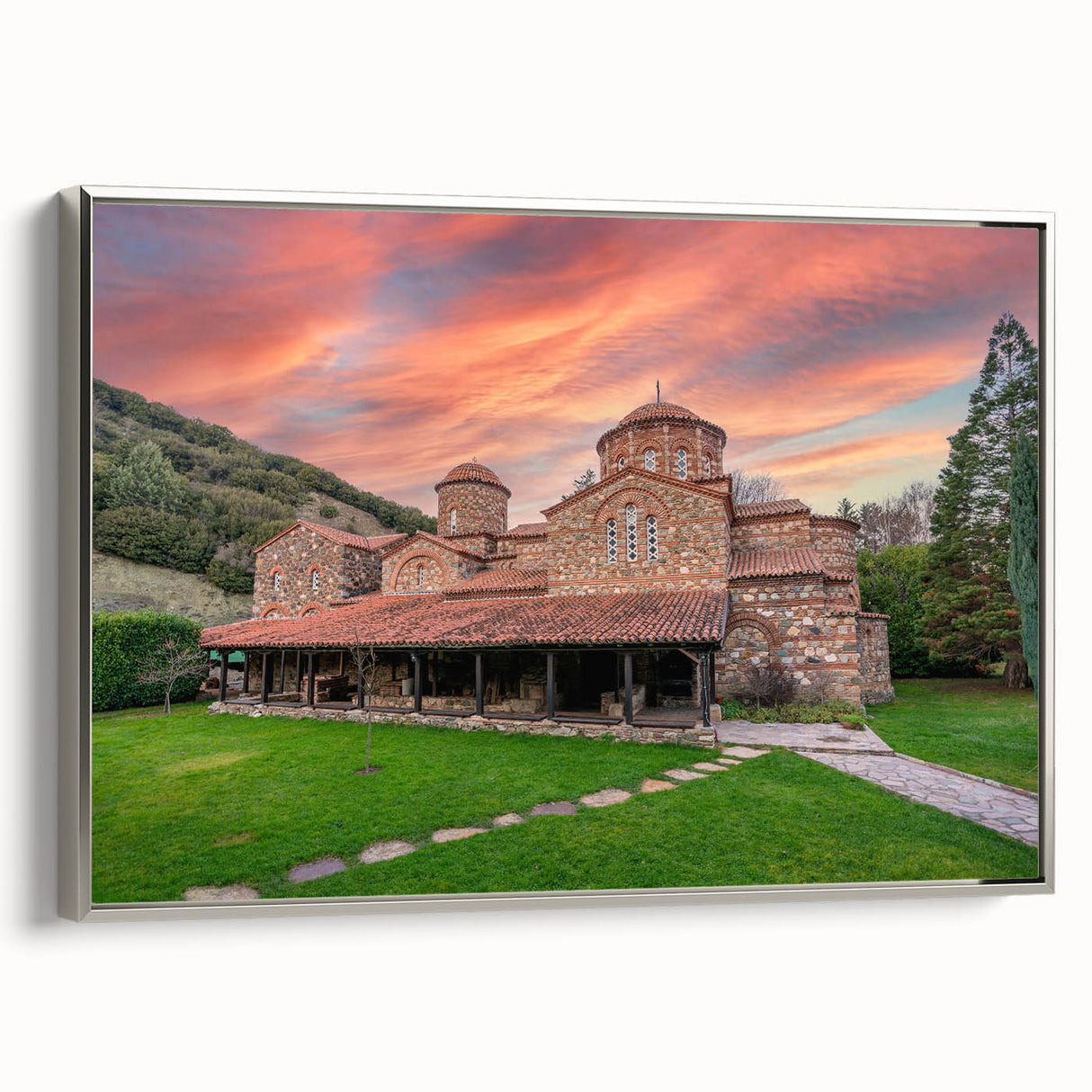 Framed canvas featuring a vintage-style landscape art painting of a Bulgarian scenery in muted earth tones.