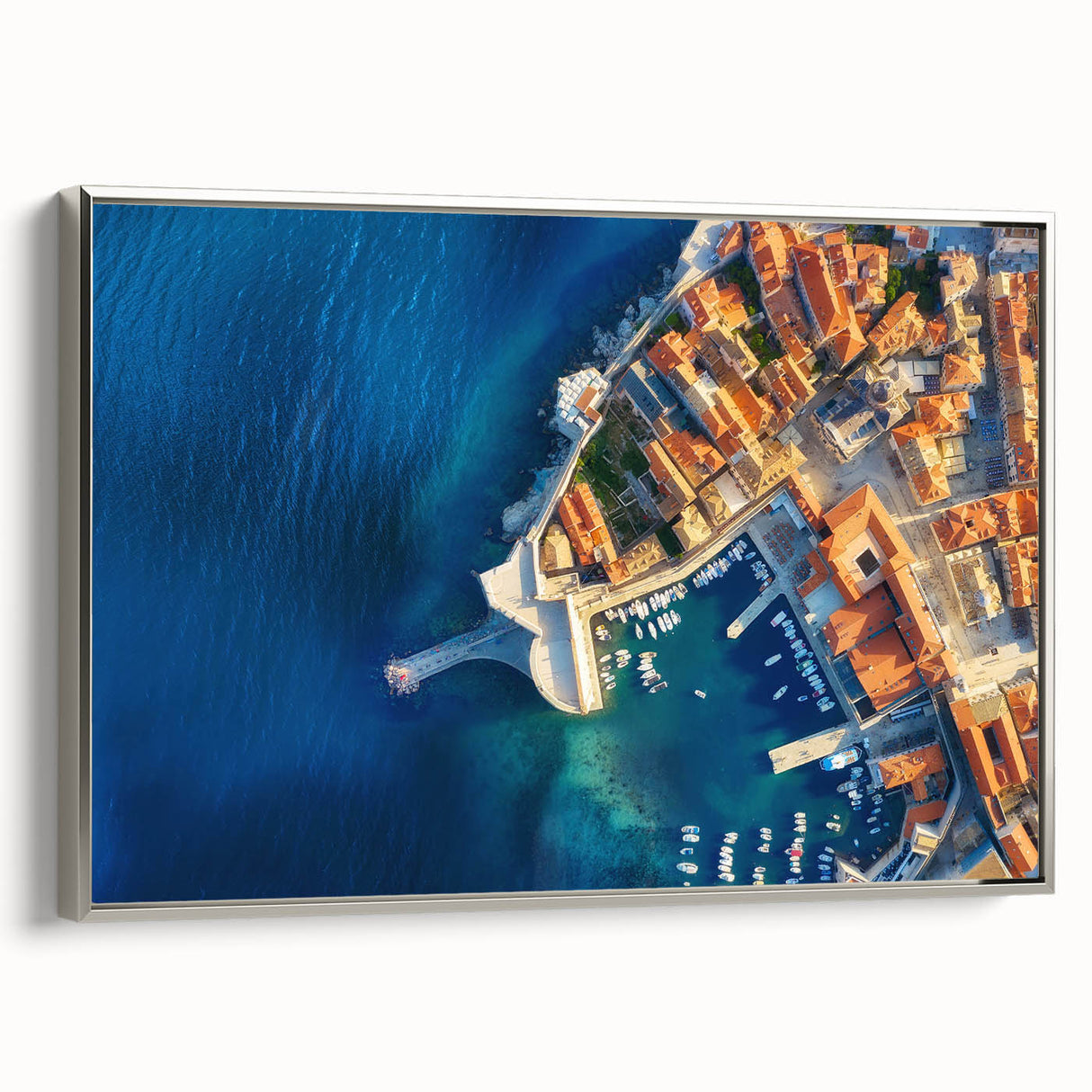 Landscape art painting of a Croatian scenery on framed canvas, featuring vibrant colors with a vintage poster style.