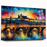 Large abstract acrylic print of a Czech Republic cityscape in muted earth tones, ideal for bedroom or dining room art.