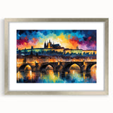 Textured abstract art print of a European scenery in muted earth tones, framed in silver, ideal for bedroom art.