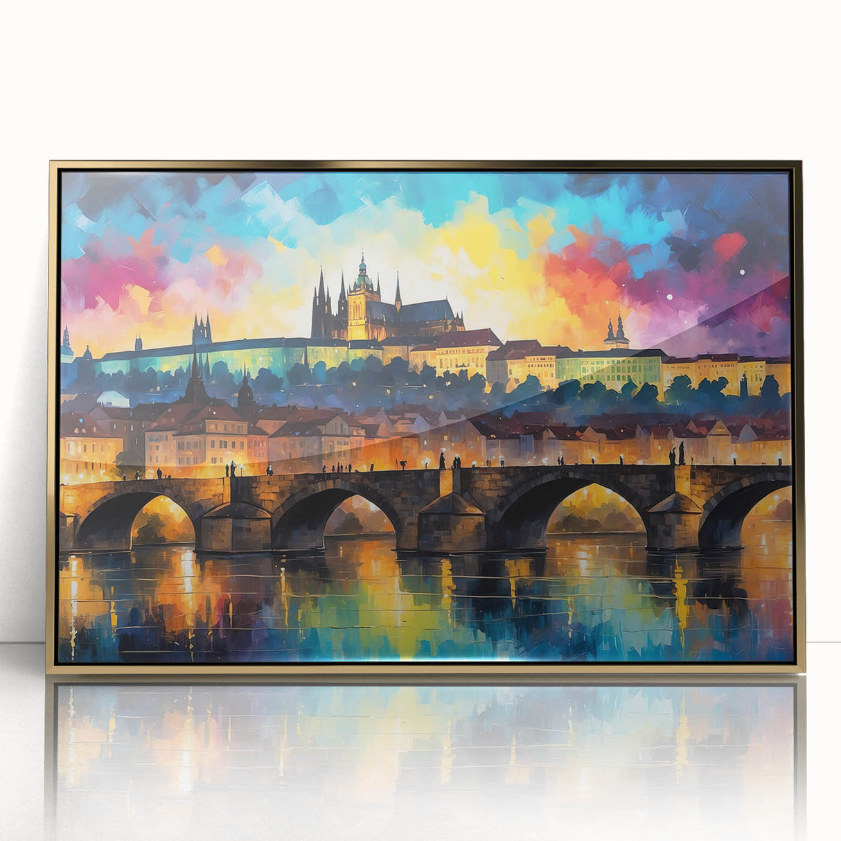 Art deco poster depicting a serene Czech Republic landscape in muted gold tones, framed in acrylic.