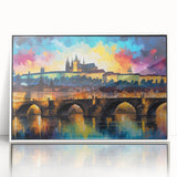 Mid-century modernist art depicting the Charles Bridge in Prague, in muted gray and blue tones on a framed acrylic print.