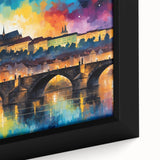 Extra large framed canvas featuring a textured depiction of a European scenery in black with colorful accents.