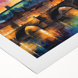 Art deco poster of a European cityscape in muted beige and brown tones on rolled canvas, suitable for dining room decor.