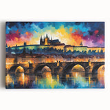 Black and white photograph of the Charles Bridge in Prague on stretched canvas, suitable as large kitchen wall art.