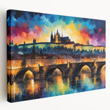 Prague cityscape with prominent historical buildings in muted earth tones on a stretched canvas.