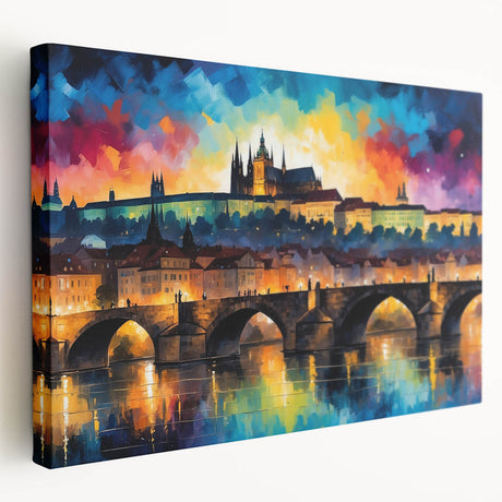Prague cityscape with prominent historical buildings in muted earth tones on a stretched canvas.