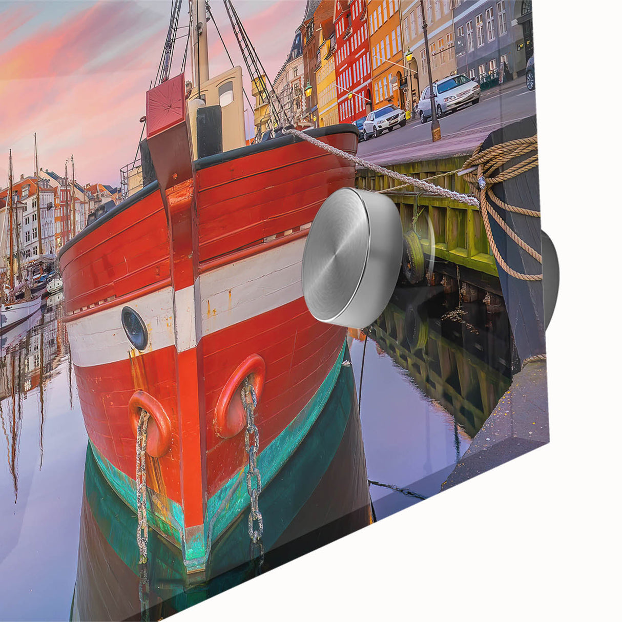 Large abstract wall art depicting a European Denmark scenery in muted gray tones on acrylic glass.