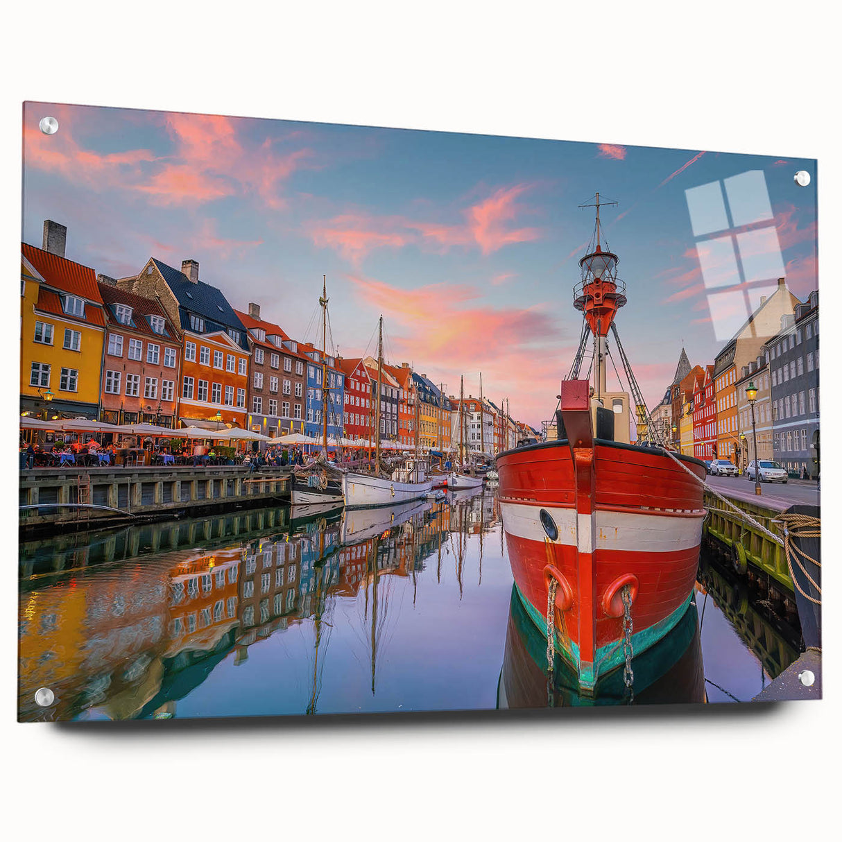 Acrylic print of a European cityscape in muted colors, ideal for bedroom or dining room decor.