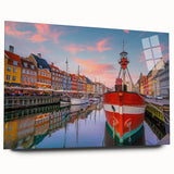 Large abstract depiction of a European scenery in muted earth tones on acrylic glass.