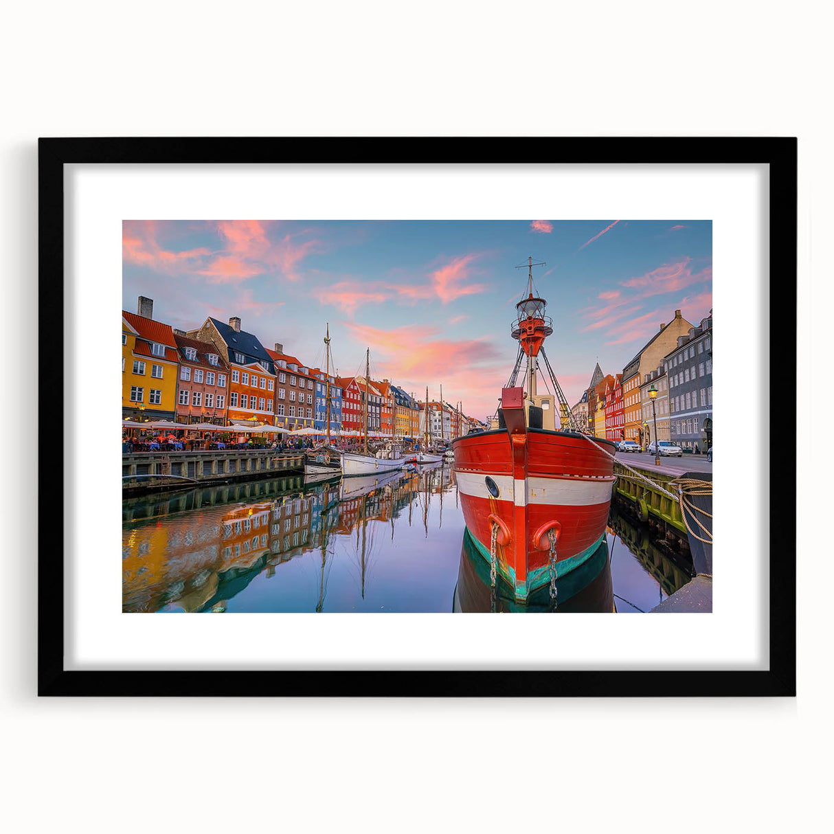 Extra large abstract art print of a colorful, textured European scenery on a black framed canvas.