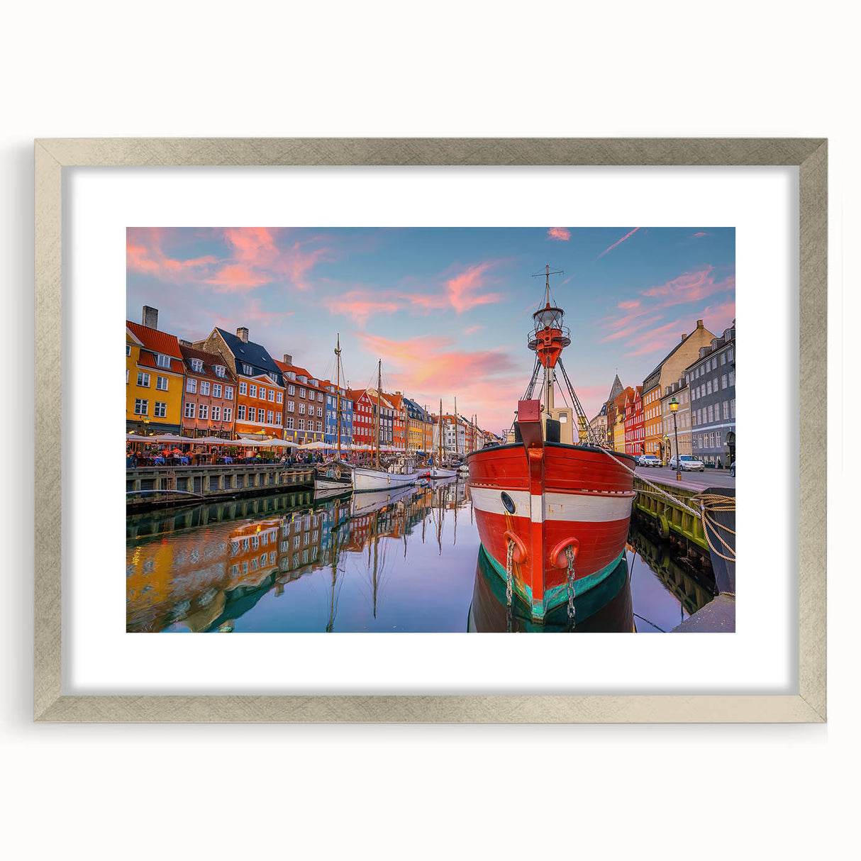 Extra large abstract art print of a European scenery in muted earth tones, framed in silver, ideal for living room decor.
