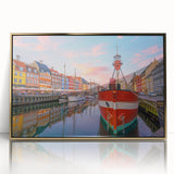 Art deco poster of a European Denmark scenery in acrylic, framed in gold, suitable for modern art wall decor.