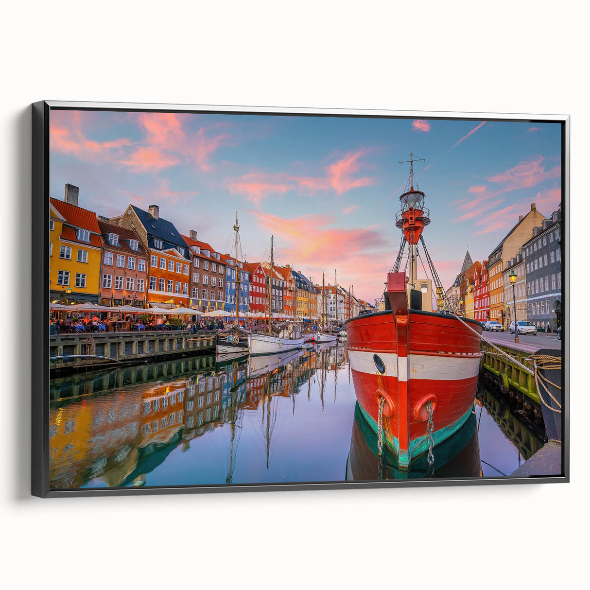 Black and white framed canvas of a vintage European landscape, ideal for bedroom wall decor.