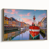 Framed canvas depicting a vintage-style Danish landscape in muted earth tones, ideal for bedroom wall decor.