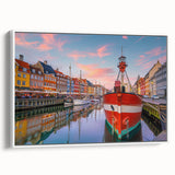 Vintage poster art of a colorful European scenery on extra large framed canvas, ideal for living room decor.