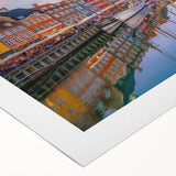 Art deco poster of a serene Danish landscape in soft green and blue tones on rolled canvas, ideal for dining room decor.