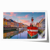 Rolled print of a Danish landscape with muted green and blue tones, ideal for dining room wall art.