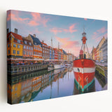 Large canvas print of a Danish landscape with muted green and blue tones, ideal for kitchen wall art.