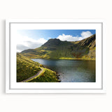 Textured art of abstract rolling hills in muted greens and blues on a framed white mat, ideal for bedroom art.