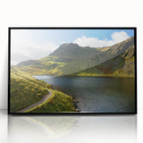 Large abstract wall art depicting a serene Cumbrian landscape in muted earth tones on a black framed acrylic.