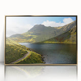 Art Deco poster of Cumbria landscape with muted green and gold tones on framed acrylic, ideal for modern art wall decor.