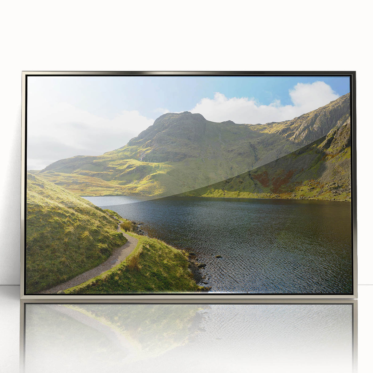Mid-century modernist acrylic print of Cumbria scenery in England, using muted earth tones, ideal for modern art wall decor.