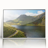 Mid-century modernist art depicting Cumbria's landscape in muted earth tones on a white framed acrylic.