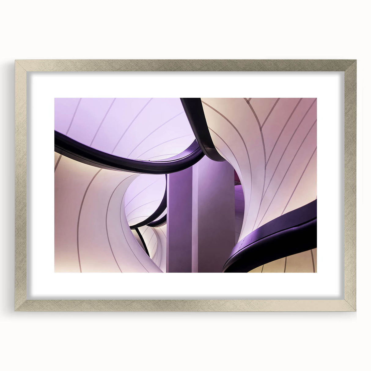 Extra large abstract art print of London scenery in muted colors on a textured canvas, framed in silver.