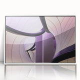 Mid-century modernist art of London skyline in muted gray and blue tones, acrylic print framed in white.