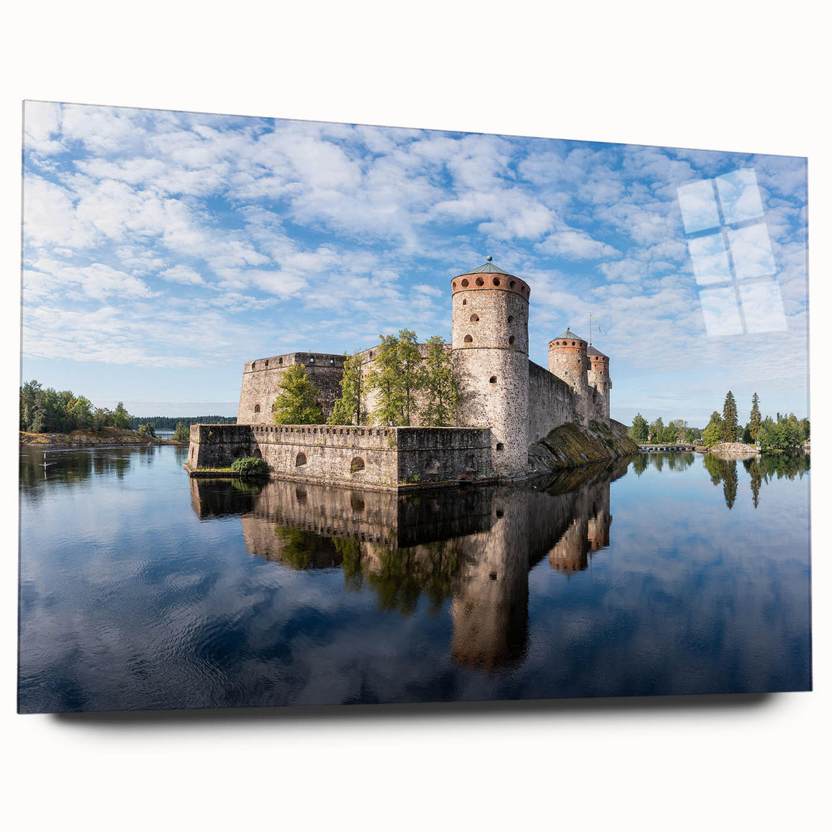 Large abstract wall art of a Finnish landscape in muted blue and green tones on acrylic glass.