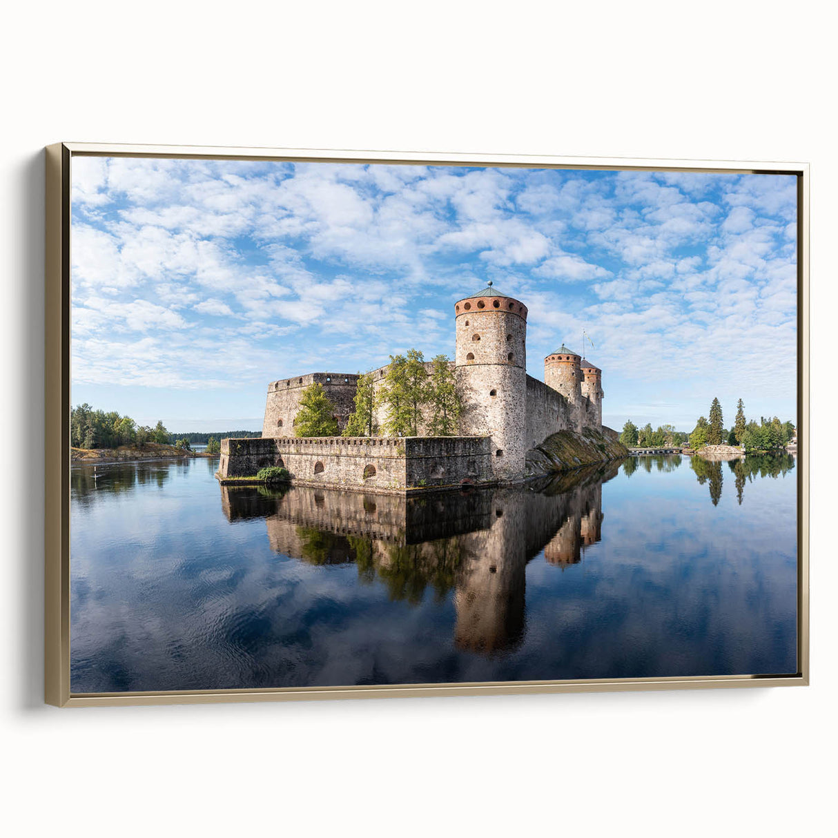 Framed canvas depicting a serene Finnish landscape in muted greens and blues, ideal for bedroom wall decor.